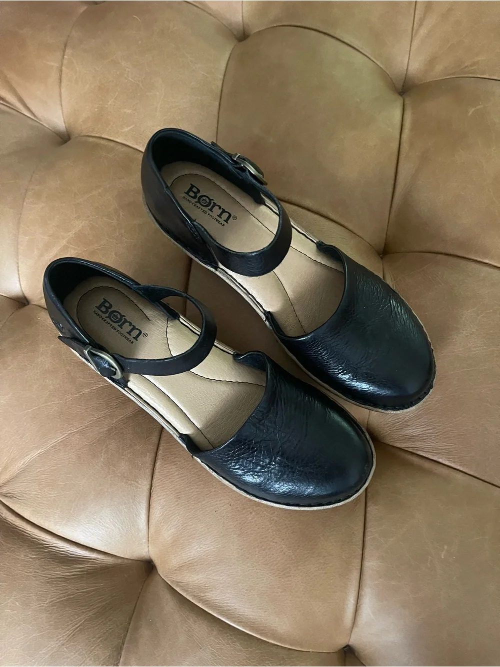 Born women’s black leather wedge sandal with straps